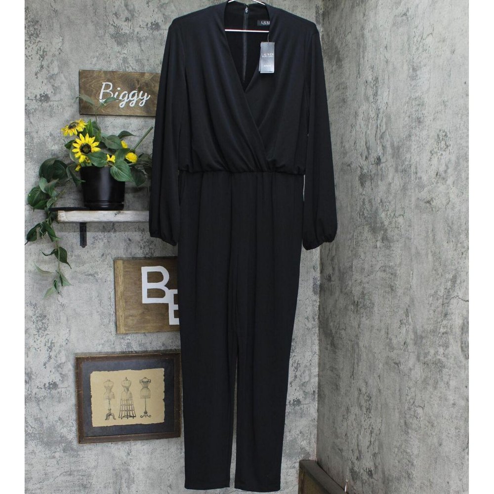 NWT Lauren Ralph Lauren Long Sleeve V-Neck Knit Jumpsuit 200011564 14 Black